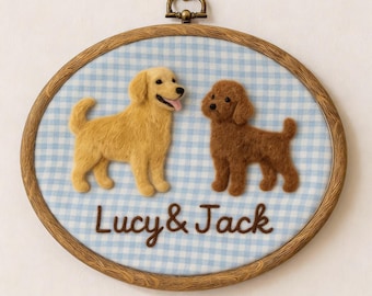 Personalized Two Pet Embroidery Hoop Portrait, Custom Wool Felt Pet Wall Art
