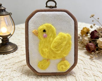 Hand Needle Felted Yellow Duck Nursery Wall Art, Handmade Embroidery Hoop Decor