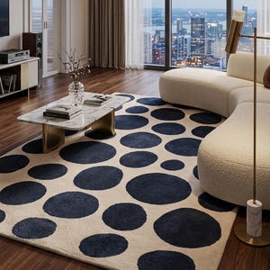 Navy Polka Dot Area Rug, Abstract Circle Pattern Carpet, Scandinavian Floor Rug