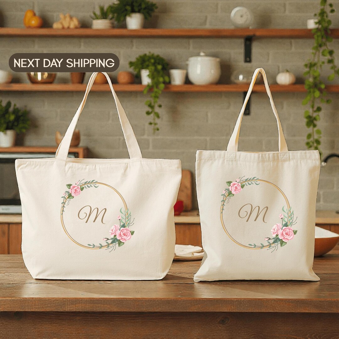 Custom Floral Initial Tote Bag, Monogram Wedding Gift, Flower Wreath — free download