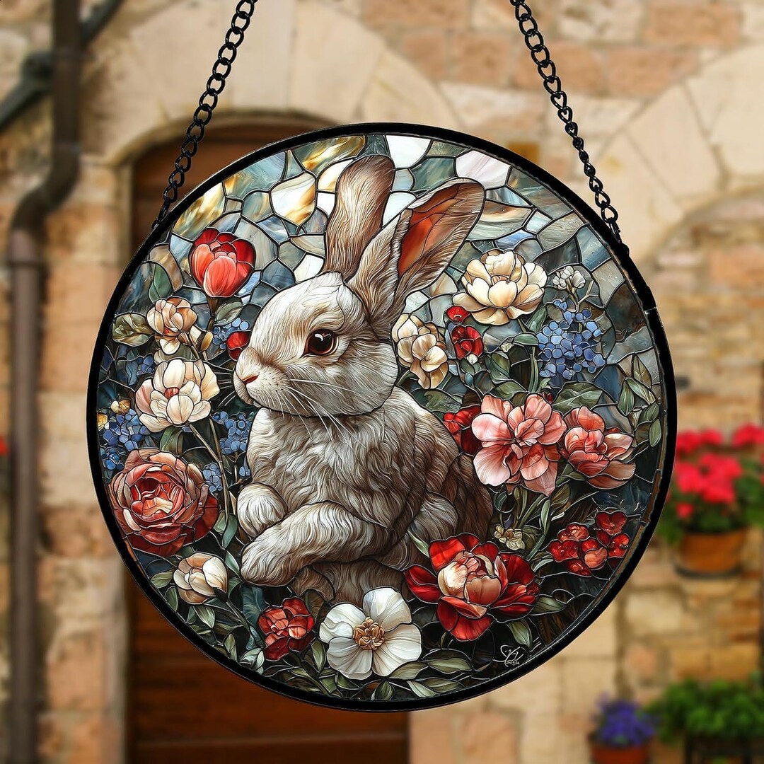 Stained Glass Window Hanging-cute Rabbit Flowers Suncatcher Ready to ...
