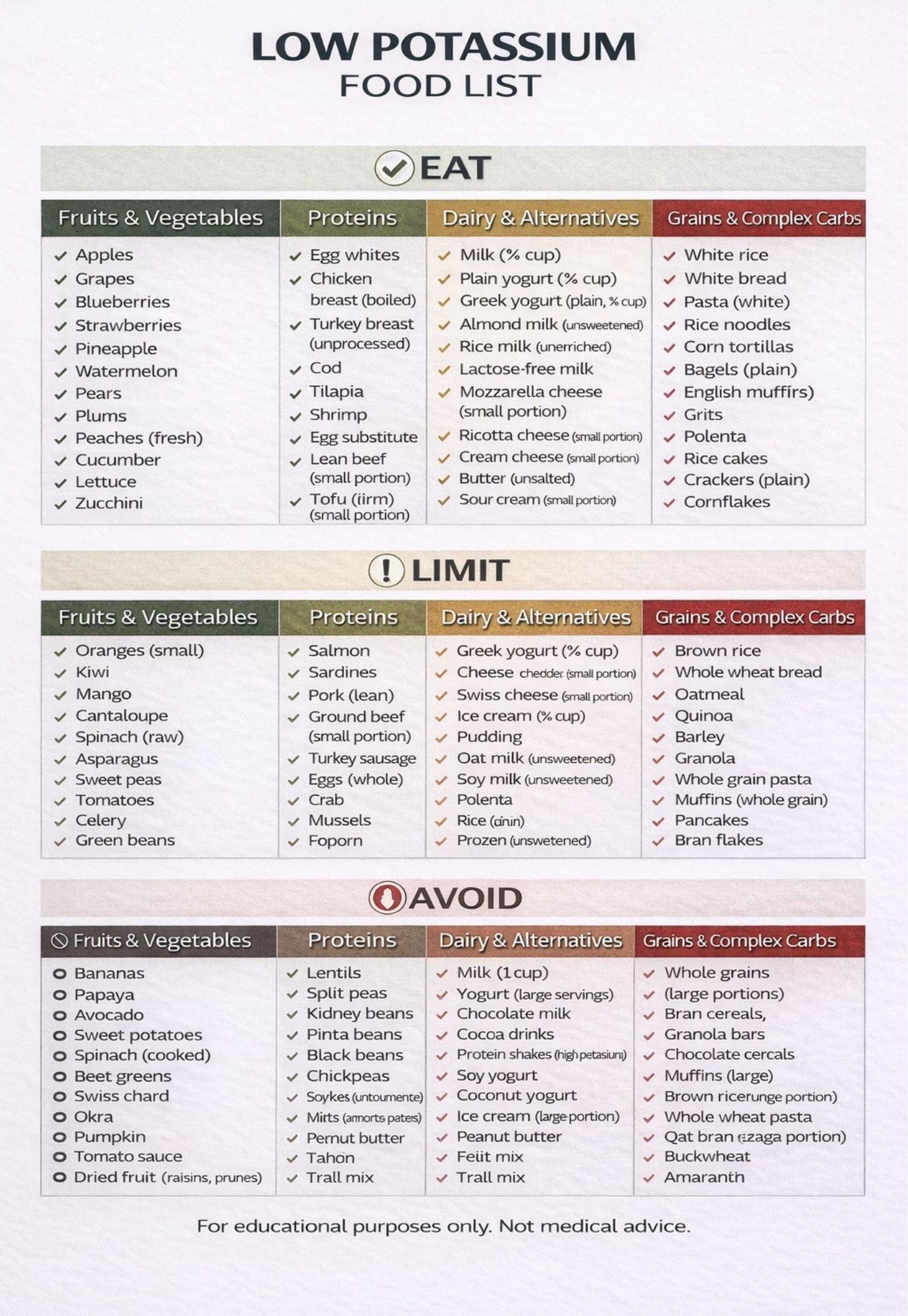 Low Potassium Food List | Printable PDF for Kidney Health, CKD, and ...