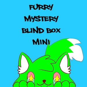 Puede incluir: Una criatura peluda verde con orejas blancas y una cola blanca asoma por detrás de un cartel que dice "Furry Mystery Blind Box Mini". La criatura tiene mejillas rosadas y está sosteniendo sus patas sobre sus ojos, con una estrella amarilla visible en cada mano.