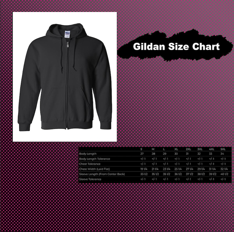 Puede incluir: Una sudadera negra con cremallera, capucha con cord&oacute;n y dos bolsillos delanteros. Junto a la sudadera hay una tabla de tallas Gildan con medidas en pulgadas para las tallas S a 5XL, incluyendo longitud corporal, ancho de pecho y manga.