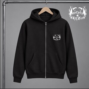 Sudadera con capucha peluda de perro calavera, sudadera con estampado canino, ropa urbana de cachorro calavera, sudadera con capucha de lobo, arte peludo original imagen 8