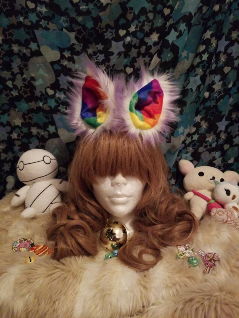 Cotton candy purple rainbow clip on kitten play Fox wolf Cosplay furry ears image 1