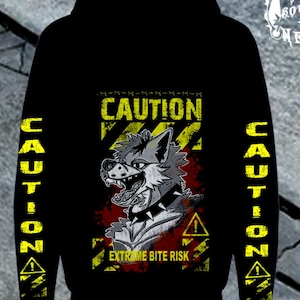 Varning Bit Risk Wolf Hoodie, Furry Graphic Hoodie, Anthro Wolf Streetwear, Canine Fursona Hoodie, Pälskling Gåva