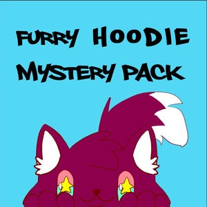 May include: A cartoon image on a blue background with the text "FURRY HOODIE MYSTERY PACK". The image features a purple cartoon fox with white ears and a white-tipped tail. The fox has yellow star-shaped eyes.