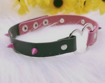 Black and Pink small spike Collar, kitten play gear, goth spike choker, pet play bdsm necklace, pastel accessories, furry collar, cosolay