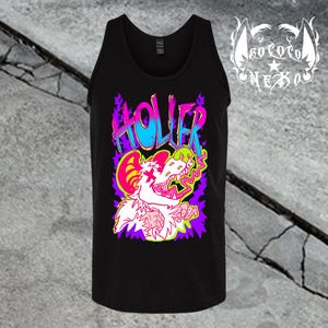 May include: A black tank top featuring a graphic print with the word HOLLER in blue and pink gradient lettering. Below the text is a white rat illustration with pink ears, a red X over one eye, and a neon green tongue, set against purple flames.