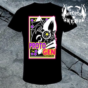 May include: A black short-sleeve t-shirt featuring a rectangular graphic with a white stylized creature head, a yellow star, and purple stars. The text reads PROTOGEN COMPLEX in yellow and purple letters. A logo in the top right says ROCOCO NEKO.