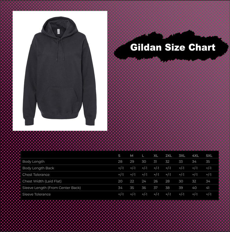 Puede incluir: Una sudadera con capucha de color gris oscuro con bolsillo tipo canguro y cordones a juego. La imagen incluye una tabla de tallas Gildan con medidas en pulgadas para tallas de la S a la 5XL, detallando longitud y ancho de pecho.