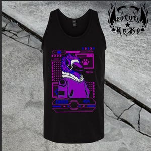 May include: A black tank top featuring a graphic print of a purple anthropomorphic character wearing headphones and a hoodie. The design includes digital interface elements, a paw print icon, and the text ERROR 404 in blue and purple colors.