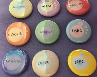 RPG Class Pins, Tank, Rogue, NPC, Tank, Archer... 1.25 inch pink