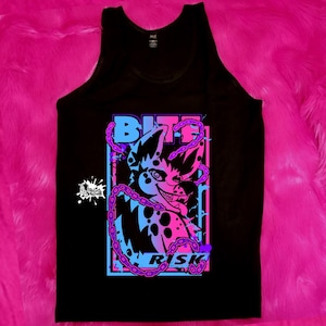 May include: Black vest top with a neon graphic. The design features a stylized wolf-like creature and the words "BITE RISK" in a bold font. The graphic uses pink, blue, and purple colours, with a chain detail around the creature.