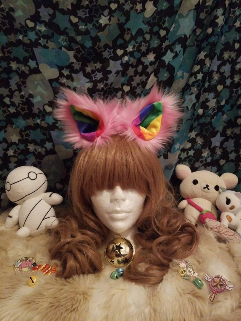 Pink rainbow clip on kitten play Fox wolf Cosplay furry ears Headband included Clip On image 1