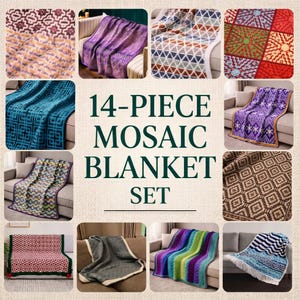 Può includere: Un set di 14 coperte a mosaico con vari disegni colorati. Le coperte presentano motivi geometrici, floreali e a righe in tonalità di viola, blu, verde e marrone. Il set include una varietà di trame e stili.