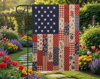 Vintage Patchwork American Flag, Rustic Americana Yard Sign, Primitive Patriotic Banner, Cottage Garden 4th of July Decor