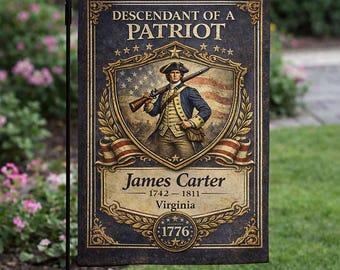 Personalized Patriot Descendant Garden Flag, Custom Revolutionary War Ancestor Garden Flag, America 250 Anniversary Gift, Patriotic Flag