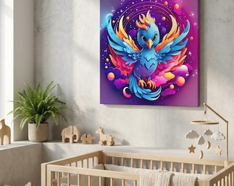 Arte infantil com tema de fênix, um desenho encantador para o quarto das crianças. Decoração inspirada em pássaros míticos.