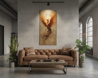 Lienzo con estampado de fénix vintage: ilustración de ave mítica, decoración fantástica.