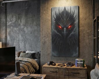 Arte de parede fantástica, decoração única, pôster geek, cabeça de fênix, ave mítica, impressão artística, decoração épica para quarto de aventura, D&D, cultura pop, mágica.