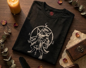 Camiseta de hombre lobo, estilo gótico oscuro, con estampado de hombre lobo ocultista y mitología de bestias de luna llena.