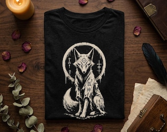 Camiseta Kitsune, espíritu del zorro oscuro y oculto, camiseta con estampado de mitología japonesa, zorro gótico Yokai