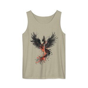 Japanese Design Tank Top Phoenix Warrior Artwork Women Sleeveless Shirt Fantasy Bird Illustration Katana Sword Graphic Brushstroke Art Style Rebirth Symbol Concept Dark Fire Imagery Summer Casual Wear Fashion Statement Piece Lightweight
