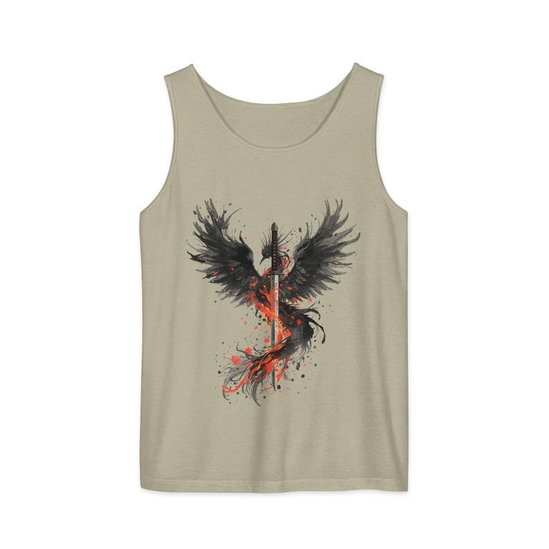 Japanese Design Tank Top Phoenix Warrior Artwork Women Sleeveless Shirt Fantasy Bird Illustration Katana Sword Graphic Brushstroke Art Style Rebirth Symbol Concept Dark Fire Imagery Summer Casual Wear Fashion Statement Piece Lightweight