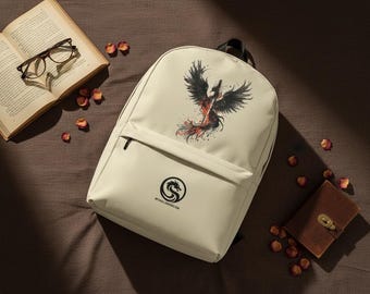 Mochila japonesa con diseño de fénix y espada, estilo fantasía único.