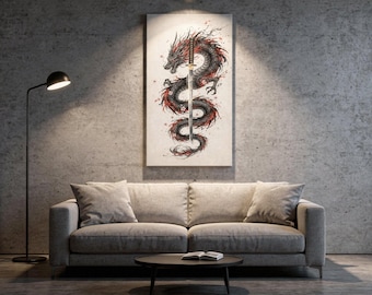 Arte de parede com dragão e espada em estilo japonês | Decoração de casa exclusiva