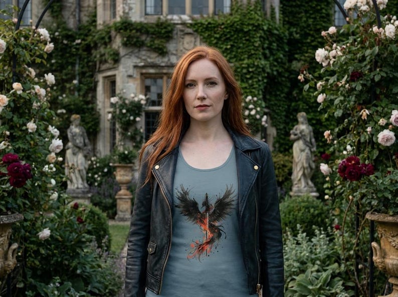 K&ouml;nnte beinhalten: Eine Frau tr&auml;gt eine schwarze Lederjacke und ein hellblaues T-Shirt mit einem schwarzen und roten Ph&ouml;nix-Design. Der Hintergrund zeigt ein Geb&auml;ude und einen Garten mit Statuen und Blumen.