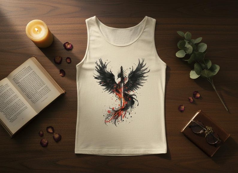 K&ouml;nnte beinhalten: Cremefarbenes Tanktop mit einem schwarzen und roten Ph&ouml;nix-Design mit einem Schwert. Die Grafik hat einen Aquarelleffekt. Das Oberteil liegt auf einer Holzoberfl&auml;che mit einer brennenden Kerze, einem Buch und anderen dekorativen Elementen.