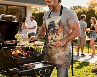 Avental de cozinha com alça e estampa de dragão divertido - Avental ilustrado e encantador para presente.