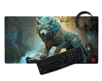 Mousepad grande com estampa de lobo, acessório para setup gamer, tapete de mesa estendido para teclado e mouse, design de fantasia, decoração de animal mítico, personalizado para gamers.