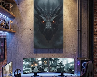 Arte de parede com dragão, decoração fantástica para quarto geek, decoração gamer, papel de parede exclusivo, pôster de dragão, design medieval, criatura mítica, parede de D&D para quarto.
