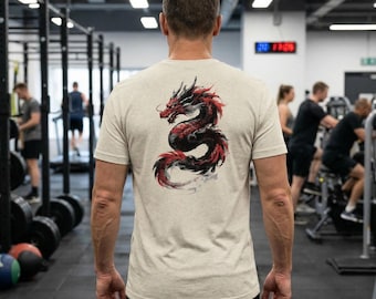 Camiseta com estampa de dragão em aquarela, arte fantástica, design exclusivo, ilustração em vermelho e preto, camiseta gráfica estilosa para o verão, roupa casual com estampa de criatura.