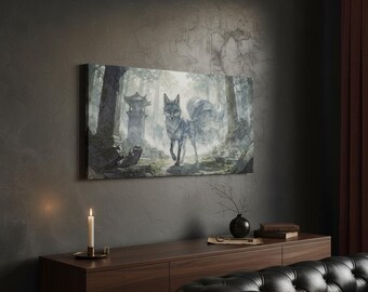 Arte mural de espíritus kitsune: ilustración fantástica pictórica de ruinas de templos