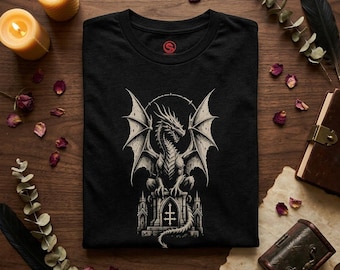 Camiseta gótica de dragón, estilo academia oscura, catedral, con estampado de dragón, estilo medieval, unisex.