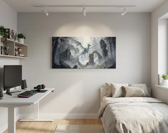 Arte de parede com espírito de dragão onírico - Ilustração fantástica de floresta antiga e ruínas