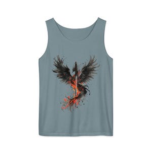 Fantasy Bird Tank Top Phoenix Katana Design Women Sleeveless Shirt Warrior Symbol Artwork Japanese Inspired Graphic Dark Fire Imagery Rebirth Concept Brushstroke Art Style Summer Fashion Wear Casual Top Lightweight Comfortable Fabric Unique