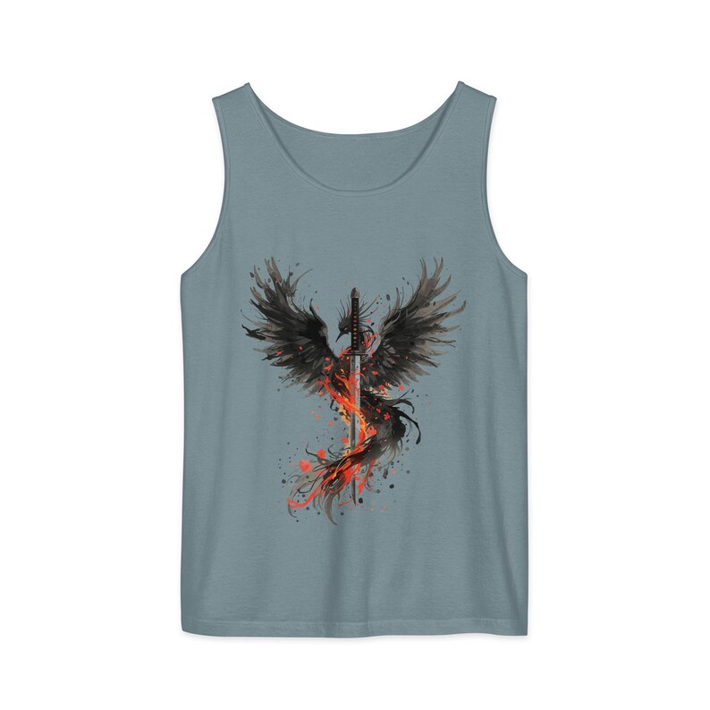 Fantasy Bird Tank Top Phoenix Katana Design Women Sleeveless Shirt Warrior Symbol Artwork Japanese Inspired Graphic Dark Fire Imagery Rebirth Concept Brushstroke Art Style Summer Fashion Wear Casual Top Lightweight Comfortable Fabric Unique
