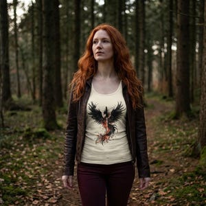 K&ouml;nnte beinhalten: Eine Frau tr&auml;gt ein cremefarbenes Tanktop mit einem schwarzen und roten Ph&ouml;nix-Motiv, eine braune Lederjacke und eine bordeauxfarbene Hose. Der Hintergrund ist ein Wald mit hohen B&auml;umen und einem Pfad.