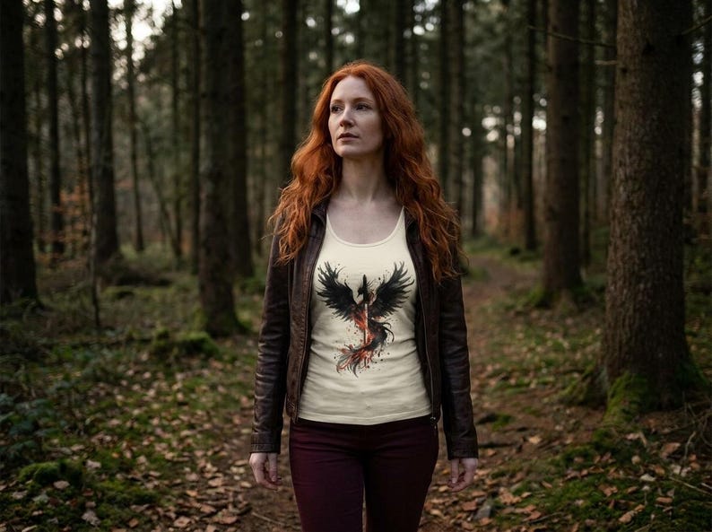 K&ouml;nnte beinhalten: Eine Frau tr&auml;gt ein cremefarbenes Tanktop mit einem schwarzen und roten Ph&ouml;nix-Motiv, eine braune Lederjacke und eine bordeauxfarbene Hose. Der Hintergrund ist ein Wald mit hohen B&auml;umen und einem Pfad.