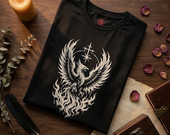 Camiseta Phoenix, camiseta gótica oscura Phoenix, camiseta con estampado del pájaro de fuego ascendente, mitología oculta del fénix.