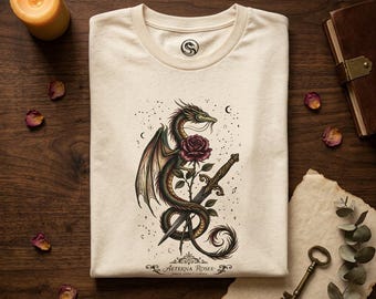 Camiseta Dragon Rose para mujer: Camiseta con estampado de tinta botánica oscura en acuarela.