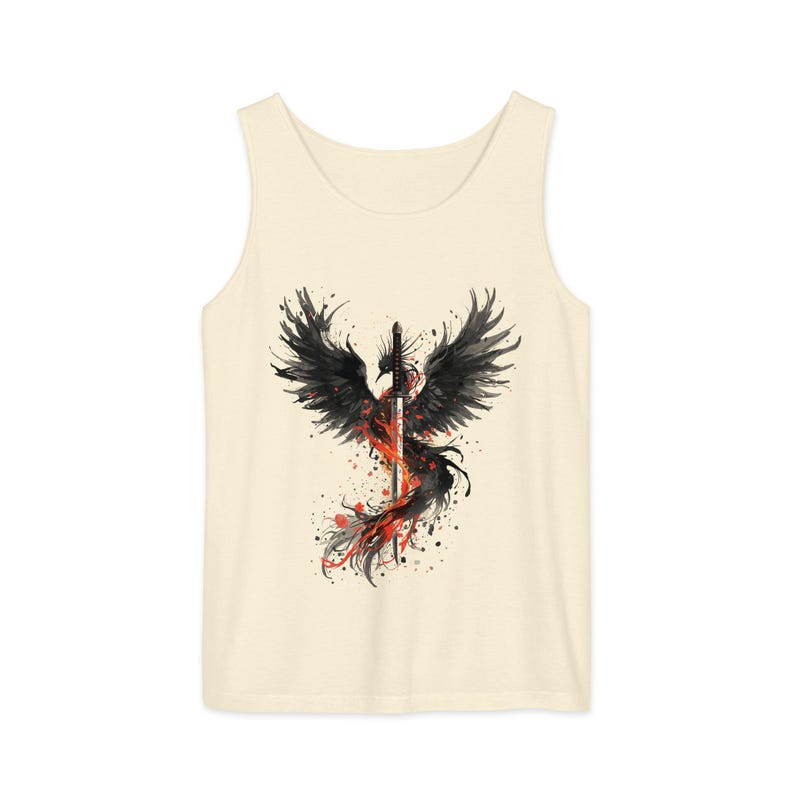 Casual Summer Tank Phoenix Design Women Sleeveless Top Japanese Artwork Fantasy Bird Illustration Katana Warrior Symbol Dark Fire Imagery Rebirth Concept Fashion Statement Piece Lightweight Comfortable Fabric Stylish Modern Look Unique Gift