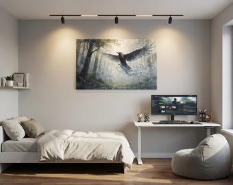 Impressão artística: Espírito do Corvo na Floresta Ancestral | Decoração de parede fantástica com estilo pictórico