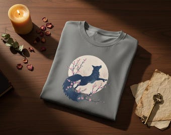 Kitsune Sakura Moon T-Shirt - Japanische Mythologie Fuchs Grafik-T-Shirt